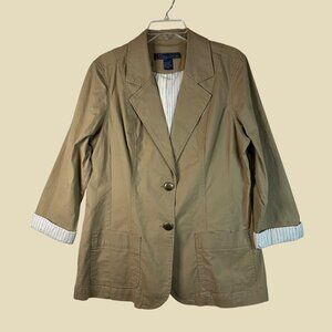 Baccini Size L Khaki Blazer Jacket Pockets Gorpcore Clean Simple Pinstripe NWOT